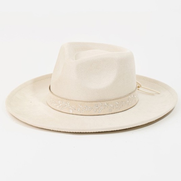 Accessories - SOLD OUT Ivory Embroidered Flower Strap Fedora Hat